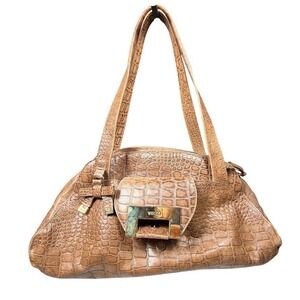 Velez Brown Crocodile Embossed Leather Shoulder Bag Gold Hardware Bow Accent